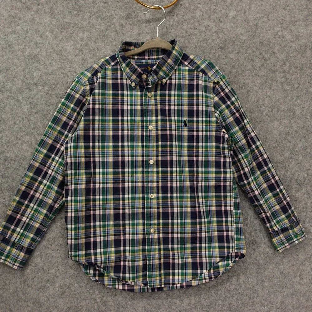 Oxford Button Down‎ Shirt Boys 6 Green Blue Tartan Plaid RALPH LAUREN Pony RL